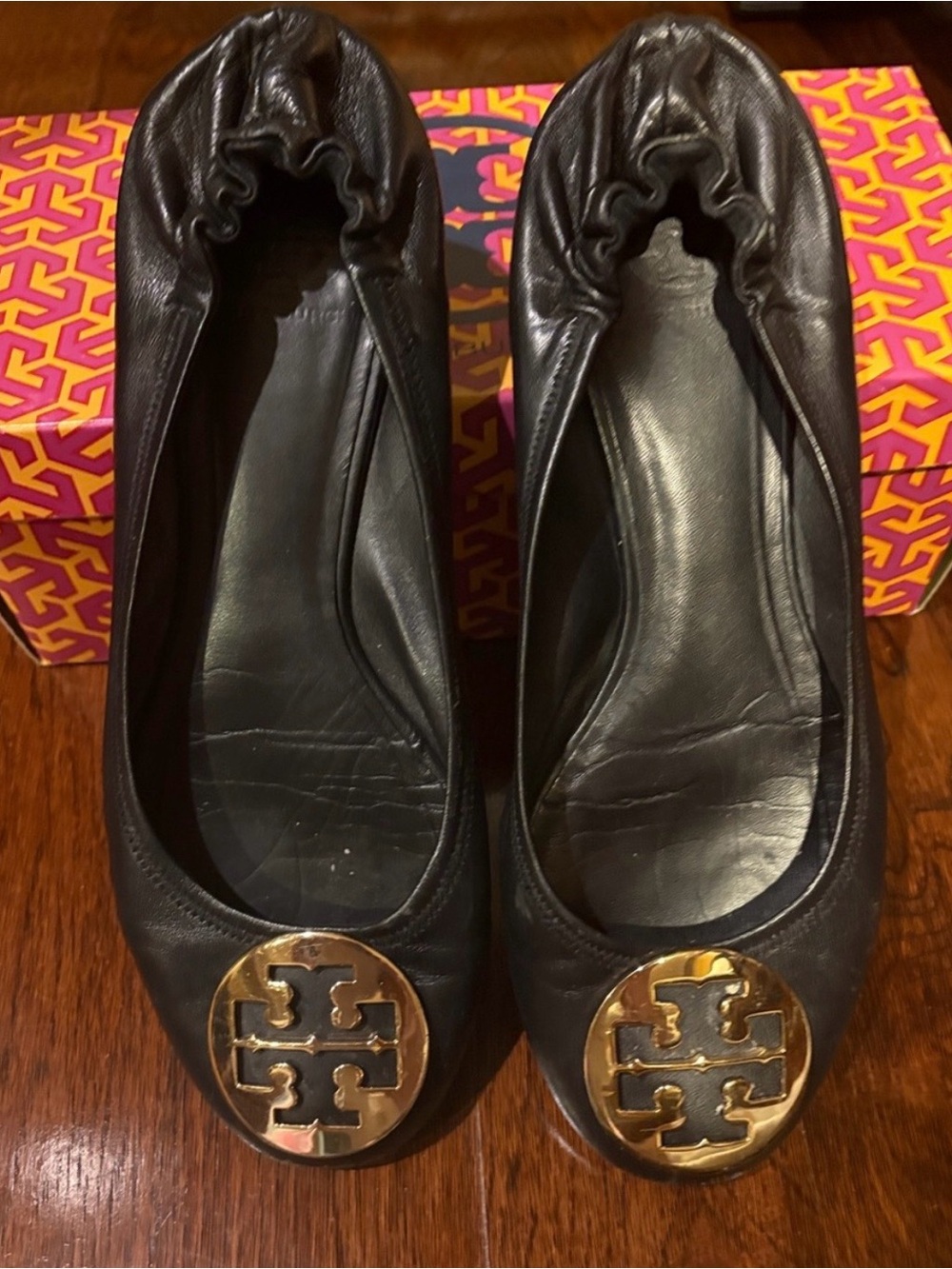 Tory Burch Black Leather Logo Ballet Flat with Gold Medallion